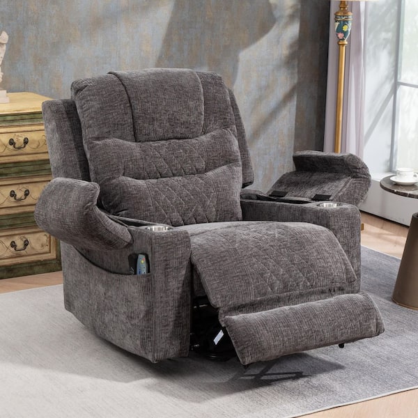 Grey Extended Footrest and Extra Wide Comfort Chenille Power Lift Recliner with Armrest Storage, Massage&Heating