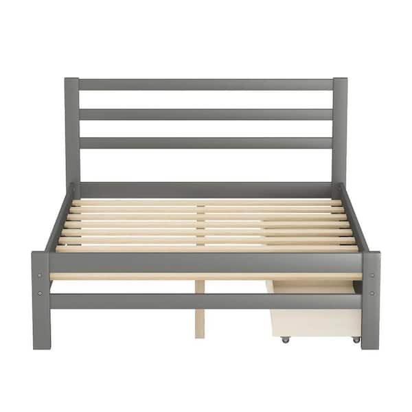 wetiny Gray Wood Frame Full Platform Bed with two drawers
