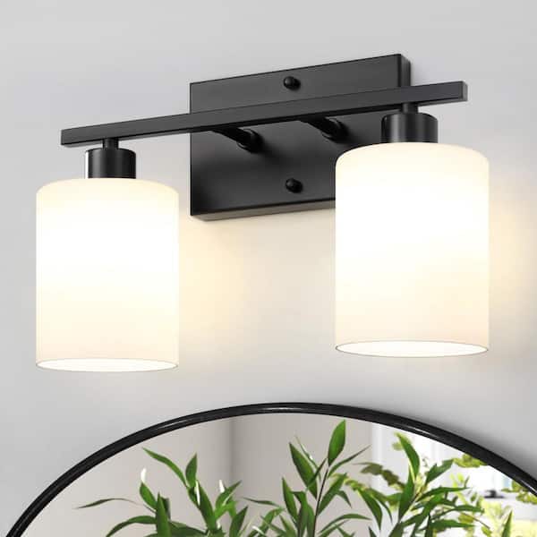 15 in. 2-Light Black Vanity Light with White Glass Shades