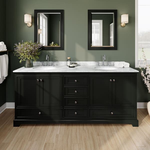 Wyndham Collection Deborah 80 in. Double Vanity in Dark Espresso with Marble Vanity Top in White Carrara with White Basins and Mirrors