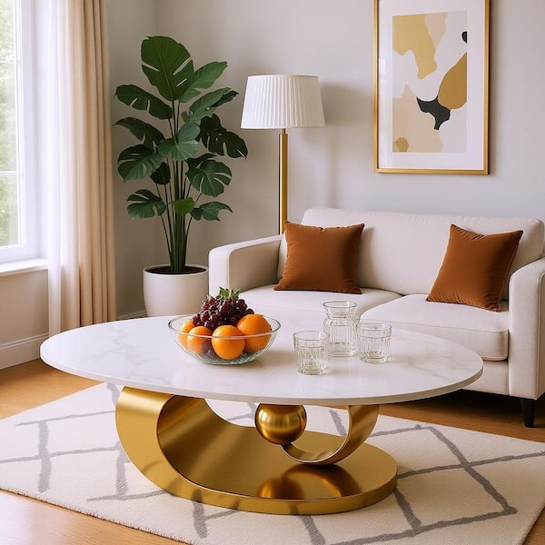 APZKY 49 in. Marble White Oval Marble Stone Coffee Table with Open Shelf for Living Room