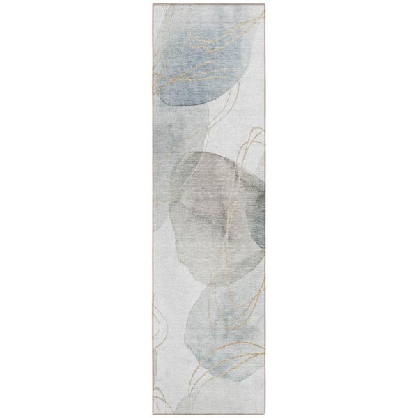 HomeRoots Ivory Blue and Gray 2 ft. x 8 ft. Woven Abstract Runner Indoor/Outdoor Area Rug