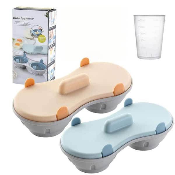 2-Piece Silicone Microwave Egg Poacher, Poached Egg Cooker with Measure Cup, Dishwasher Safe BPA Free, Blue and Orange