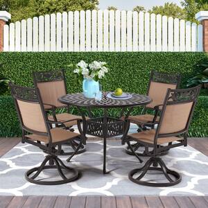 Classic Dark Brown 5-Piece Cast Aluminum Round Outdoor Dining Set with Table and Swivel Dining Chairs