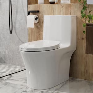 1-piece 1.6 GPF Dual Flush Elongated High Efficiency Toilet in Glossy White with Slow Closed Seat