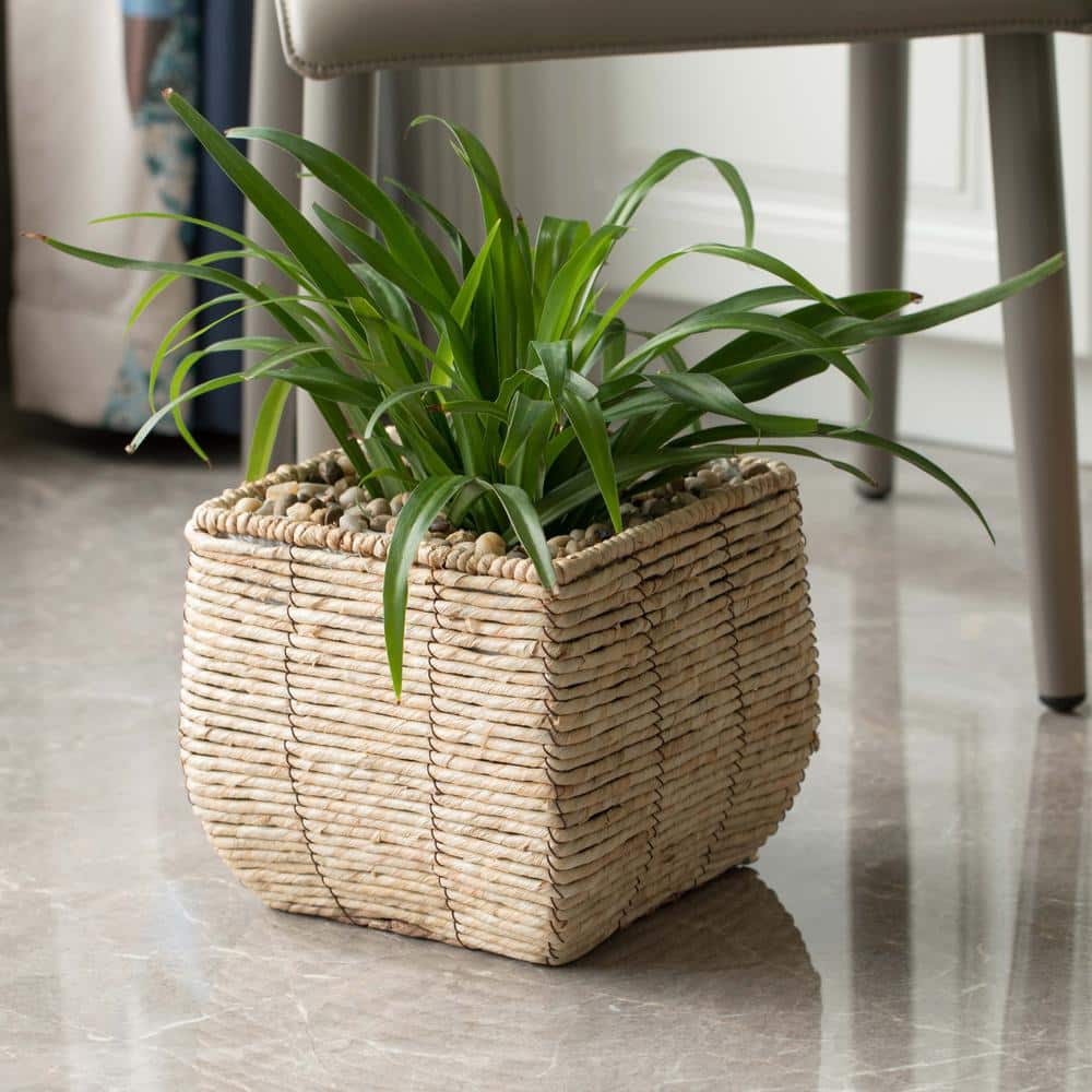 Rustic Woven Square Medium Planter with Leak-Proof Lining