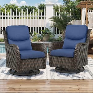 Crescent Brown Wicker Outdoor Rocking Chair Patio Swivel Chairs with CushionGuard Navy Blue Cushions (2-Pack)