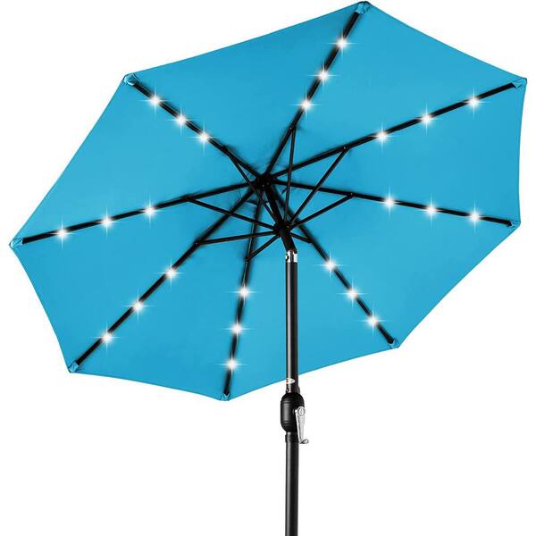 Dyiom 10 ft. Aluminum with Tilt Umbrella Solar Powered Polyester LED Lighted Patio Adjustable Light Blue, Beach Word Umbrella