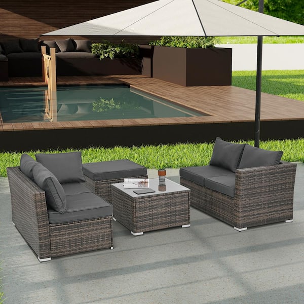 Unbranded 6-Piece Brown Rattan Wicker Patio Conversation Set with Dark Gray Cushions