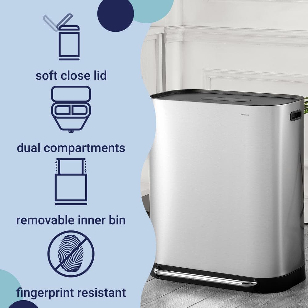 16-Gallon Stainless Steel Kitchen Trash Can with Pedal and Side Bin