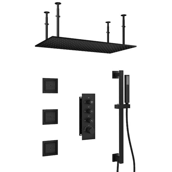 3-Spray Ceiling Mount Thermostatic Fixed and Handheld Dual Shower Head 2.5 GPM with Rod&Body Spray in Matte Black