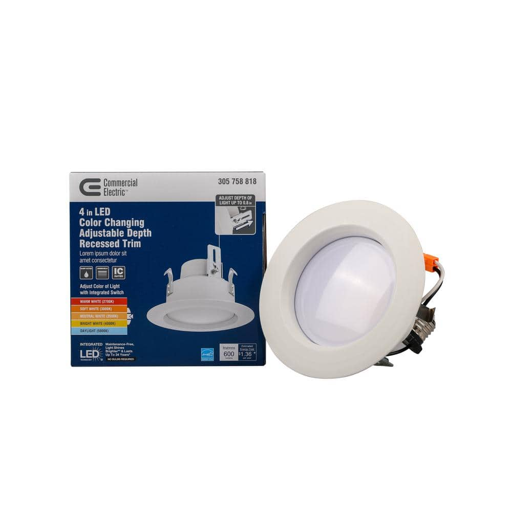 Commercial Electric 4 in. Integrated LED White Dimmable Recessed Light Trim with Adjustable Depth Adjustable Color Temperature, (1-Pack)