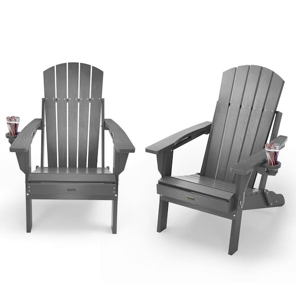 Mximu Gray HDPE Outdoor Folding Plastic Adirondack Chair with Cupholder(2-Pack)