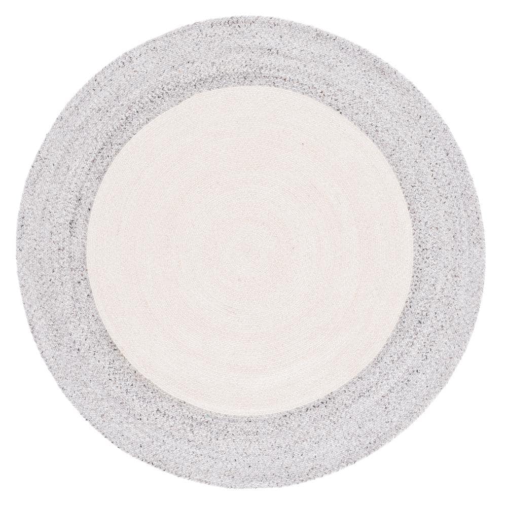 Ivory and Light Grey Abstract Braided Round Rug, Handmade 3ft