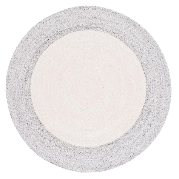 SAFAVIEH Braided Ivory Light Gray Doormat 3 ft. x 3 ft. Abstract Border Round Area Rug