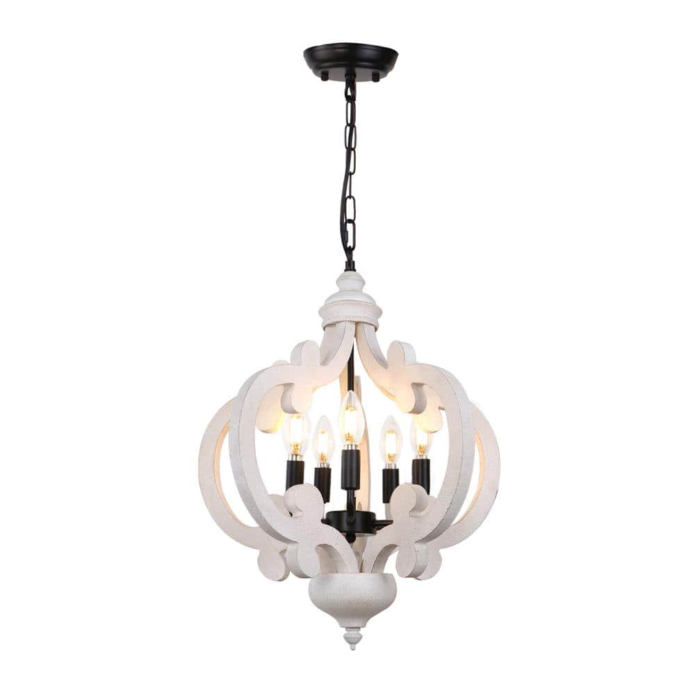 17.3 in. 5-Light Black and White Farmhouse Wood Rustic Chandelier for Kitch