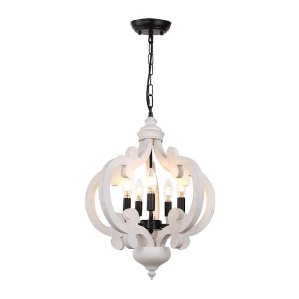 Unbranded 17.3 in. 5-Light Black and White Farmhouse Wood Rustic Chandelier for Kitchen Island Living Room Dining Room