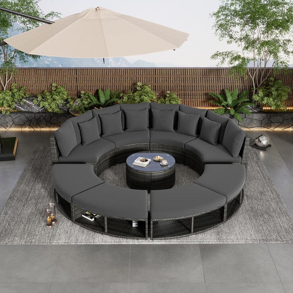 9 Piece Wicker Outdoor Luxury Round Sectional Sofa Style Sofa Set with ...