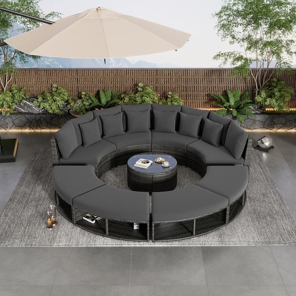 9 Piece Wicker Outdoor Luxury Round Sectional Sofa Style Sofa Set with ...