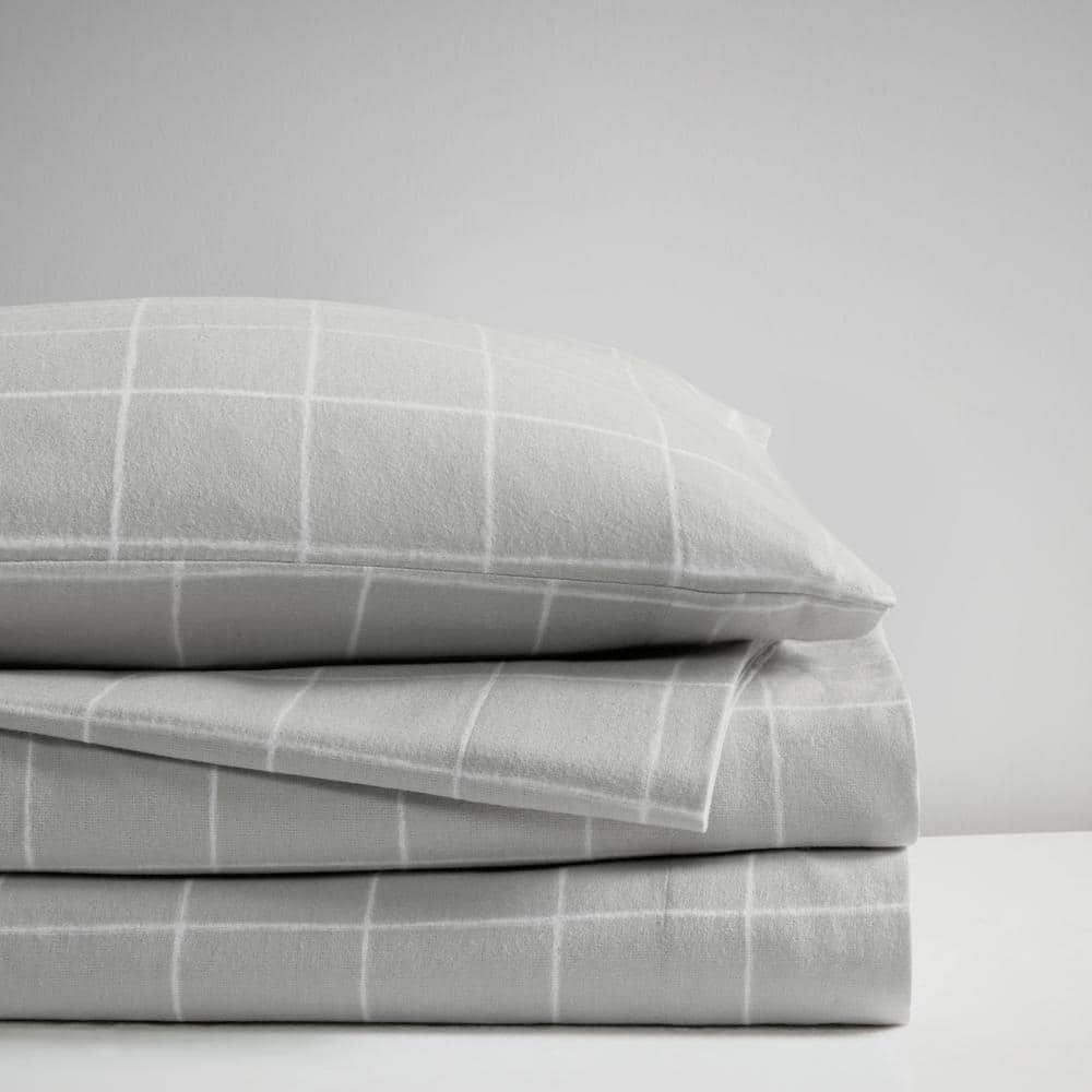 California King Grey Windowpane Cotton Flannel Sheet Set