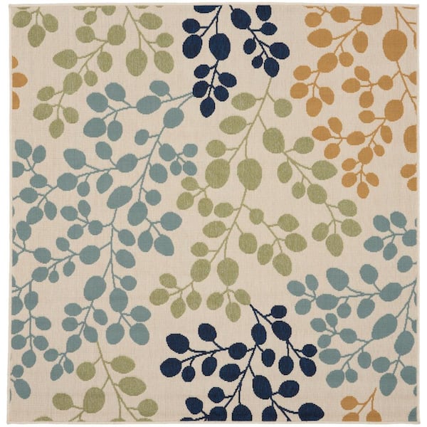 Caribbean Ivory 5 ft. x 5 ft. Square Floral Contemporary Indoor/Outdoor Patio Area Rug