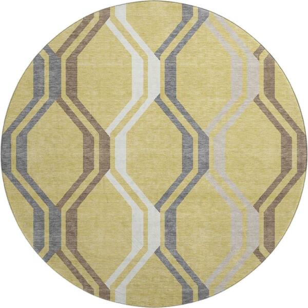 Mayfield Premium Machine Washable Abstract AMF2326 Gold 8 ft. x 8 ft. Round Rug