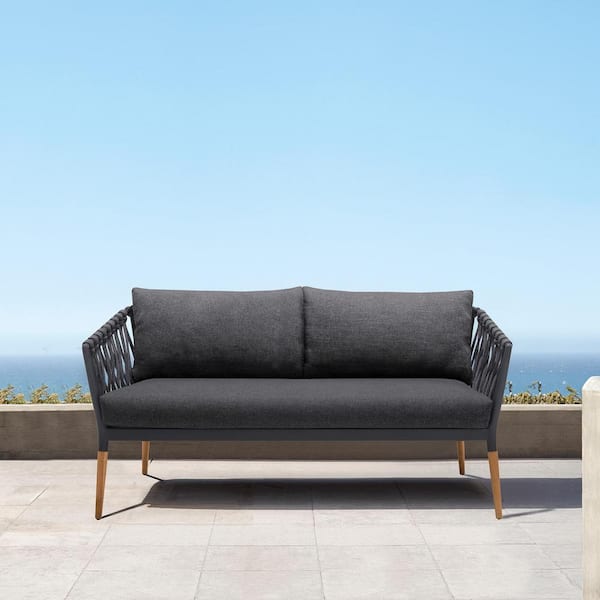 Armen Living Ipanema Teak Wood and Rope Outdoor Sofa with Dark Olefin Grey Cushion