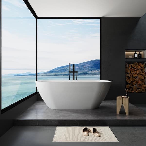 KINWELL 55 in. Acrylic Flatbottom Freestanding Bathtub Non-Whirlpool Soaking Tub in White