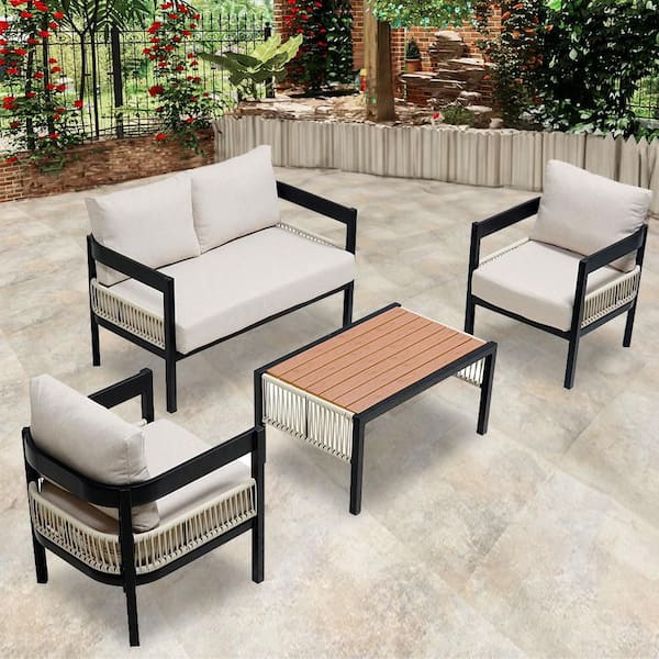 4 Pieces Black Metal Outdoor Sectional Sofa Set with Beige Cushion and Table