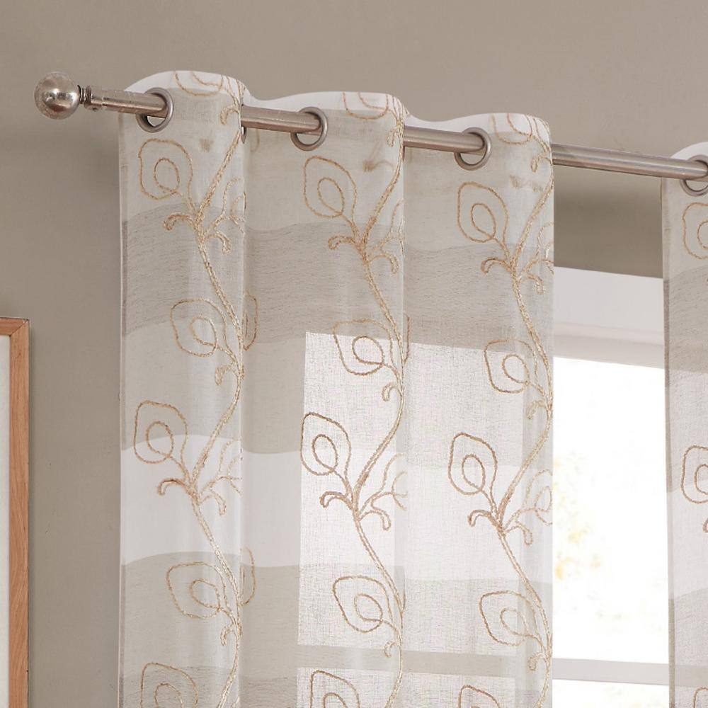 Silvia Embroidered Floral Sheer Linen Grommet Curtain Set