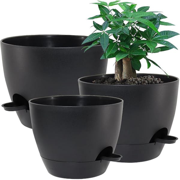 ITOPFOX Garden 12 in. L x 12 in. W x 7.5 in. H Black Plastic Round Indoor Planter (3-Pack)