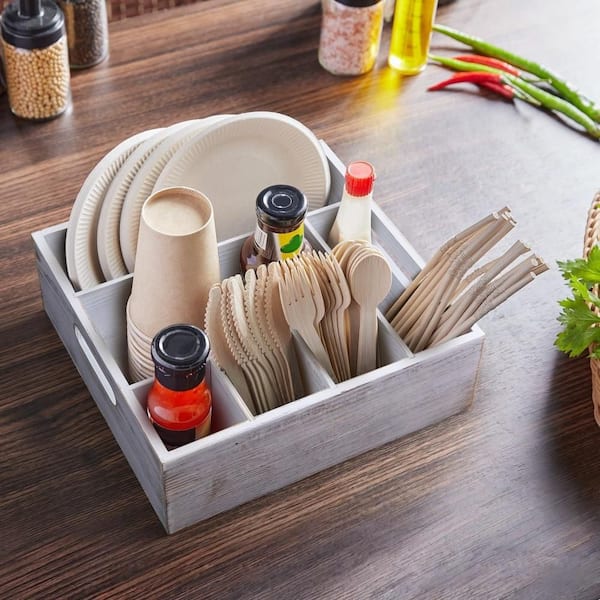 6-Compartment Plate and Utensil Caddy with Handles, Kitchen and Party Organizer for BBQs, Picnics, and Gatherings, White