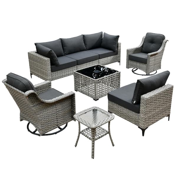 Apollo 8-Piece Wicker Patio Conversation Seating Sofa Set with Black Cushions and Swivel Rocking Chairs