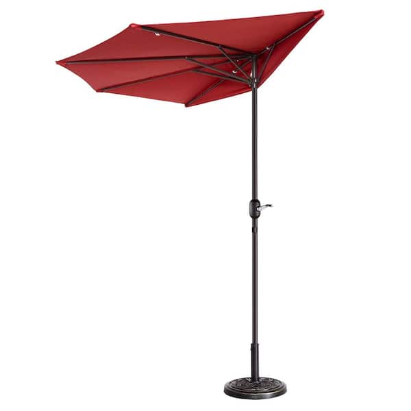 9 ft. Steel Half Round Patio Market Umbrella with Hand Crank Lift in Red