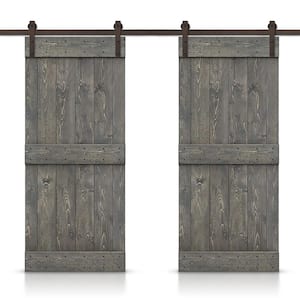 84 in. x 84 in. Mid-Bar Series Weather Gray Stained Solid Pine Wood Interior Double Sliding Barn Door with Hardware Kit