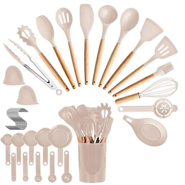 35-Pieces Stainless Steel Kitchen Cooking Set Utensils Set-Baking Accessories with Holder in Khaki