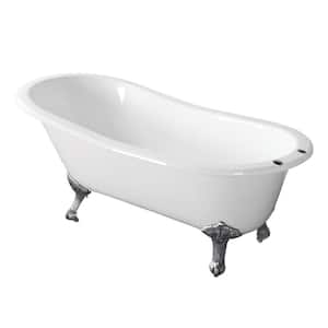 67 in. Cast Iron Single Slipper Clawfoot Bathtub in White with 7 in. Deck Holes, Feet in Polished Chrome
