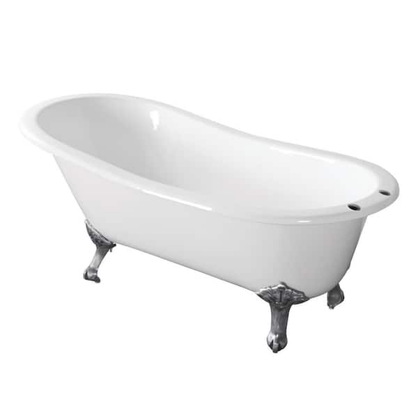 Aqua Eden 67 in. Cast Iron Single Slipper Clawfoot Bathtub in White with 7 in. Deck Holes, Feet in Polished Chrome
