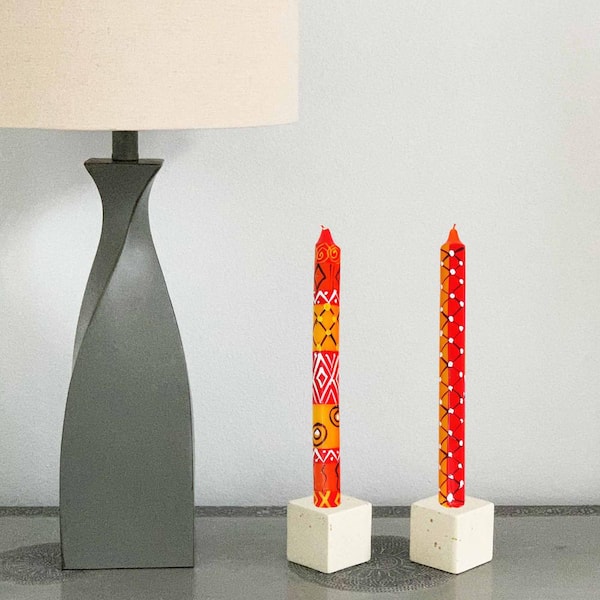 Global Crafts Unscented Hand-Painted Red Dinner Candles, Boxed Set of 3 (Zahabu Design)
