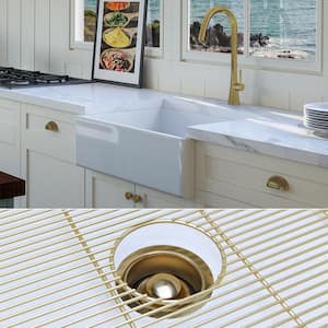 Luxury White Solid Fireclay 26 in. Single Bowl Farmhouse Apron Kitchen Sink with Matte Gold Accs and Flat Front