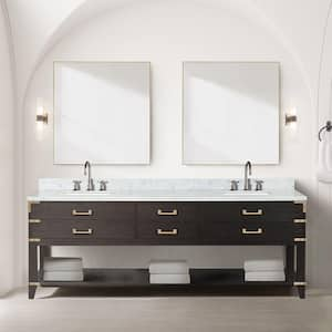 Irvington 84 in W x 22 in D Brown Oak Double Bath Vanity, Carrara Marble Top, and Faucet Set