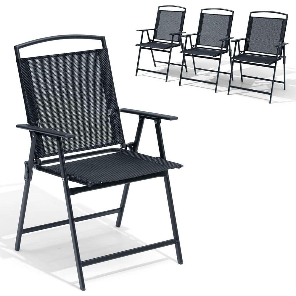 Folding Steel Outdoor Dining Chair in Black (Set of 4)