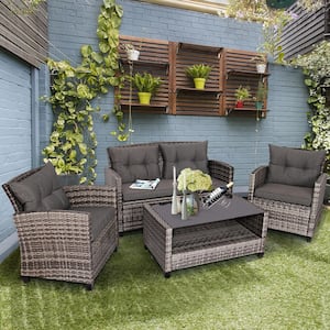 4-Piece Rattan Patio Conversation Set with Coffee Table and Gray Cushion