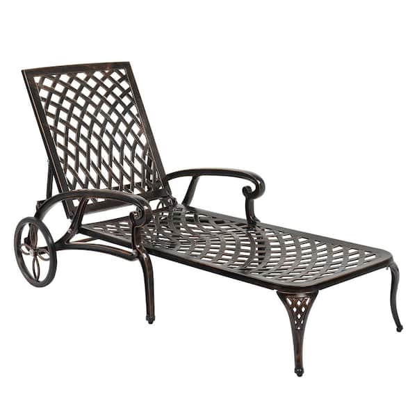 VINGLI Bronze Cast Aluminum Metal Outdoor Chaise Lounge with Wheels and 3-Position Adjustable Backrest for Patio, Pool
