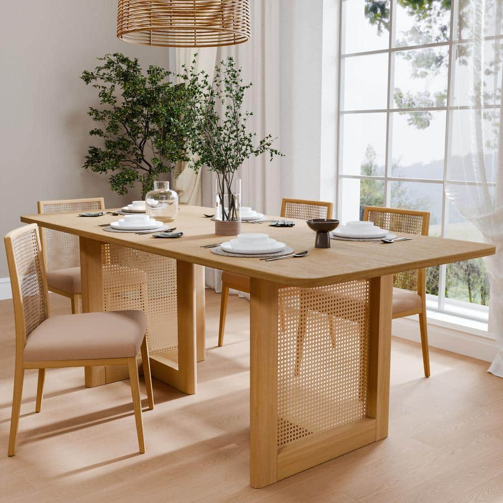 Rectangle Natural Wood Color Oak Wood 67 in. Double Pedestal Dining Table S