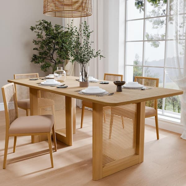 Lirago Rectangle Natural Wood Color Oak Wood 67 in. Double Pedestal Dining Table Seats 6