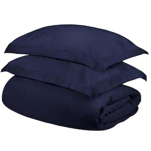 Navy Blue Solid Color Twin Cotton Duvet Cover Set