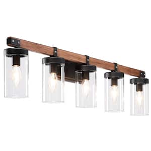 37 in. 5-Light Matte Black and Dark Wood Grain Finish Vanity Light with Clear Glass Shade