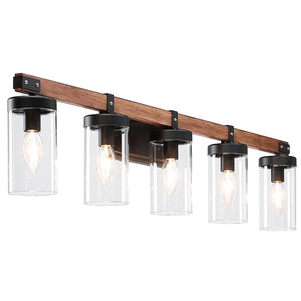 pasentel 37 in. 5-Light Matte Black and Dark Wood Grain Finish Vanity Light with Clear Glass Shade