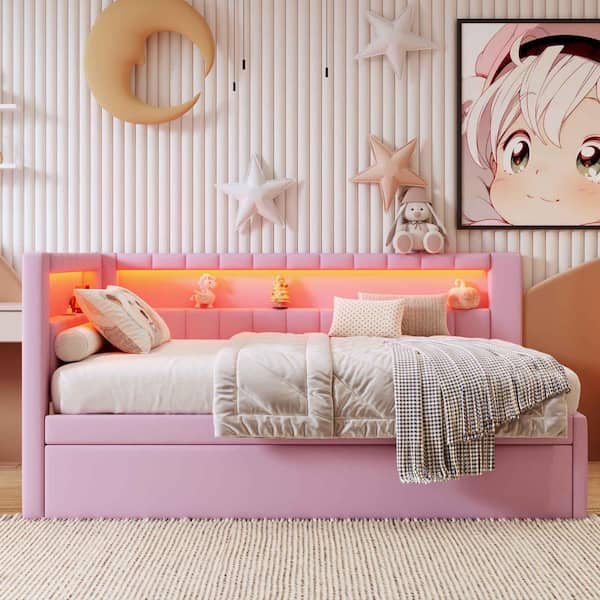 Pink Full Size Daybed with USB Ports and LED Belt, Trundle